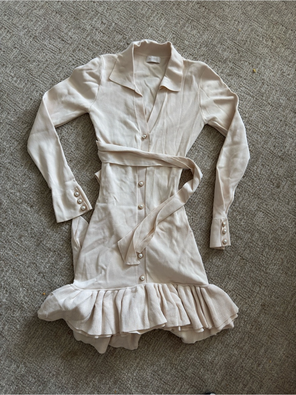 Meshki Soft Cream Long Sleeve Wrap Dress with Ruffle Hem open backed